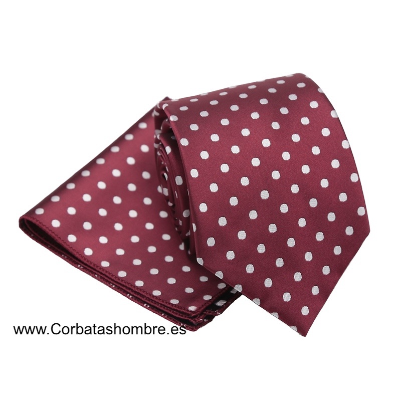 CONJUNTO DE CORBATA Y PAÑUELO GRANATE CON LUNARES BLANCOS A JUEGO 