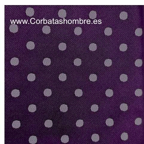 CONJUNTO ELEGANTE DE CORBATA Y PAÑUELO MORADO CON LUNARES BLANCOS A JUEGO 