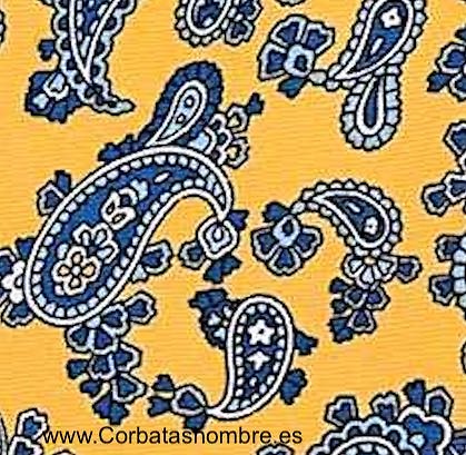 CORBATA AMARILLA DE CACHEMIRES AZULES Y BLANCOS 