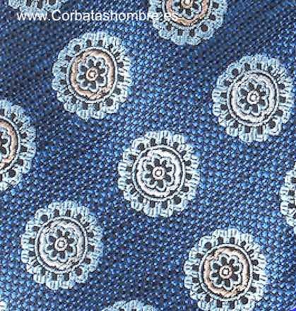 CORBATA AZUL CON DIBUJO ROSETONES CELESTES Y BLANCOS ASPECTO LINO 