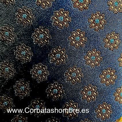 CORBATA AZUL MARINO CON FLORES OCHO PETALOS MARRONES 