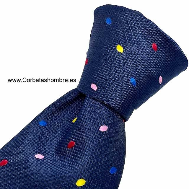 CORBATA AZUL MARINO CON LUNARES AMARILLOS, ROSAS, ROJOS Y AZULES 