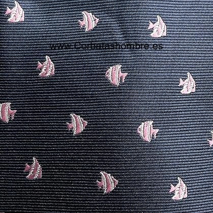 CORBATA AZUL MARINO DE PECECITOS ROSAS Y PLATEADOS 