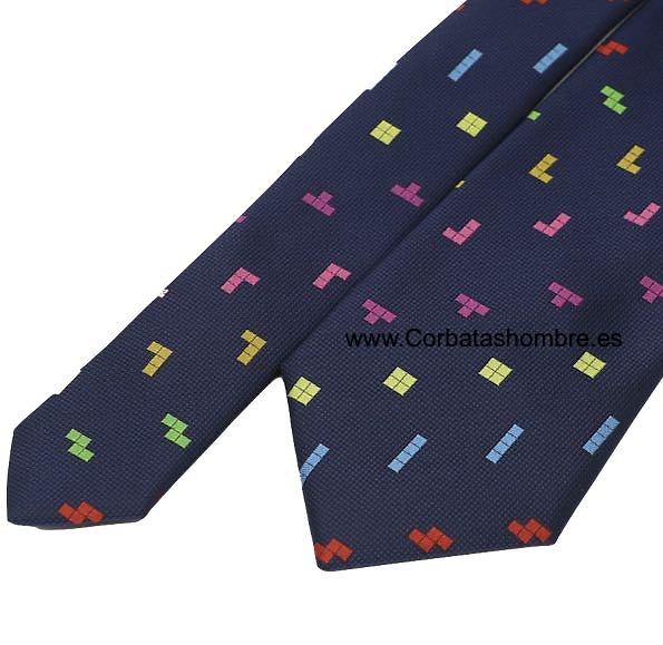 CORBATA AZUL MARINO FICHAS TETRIS DE COLORES 