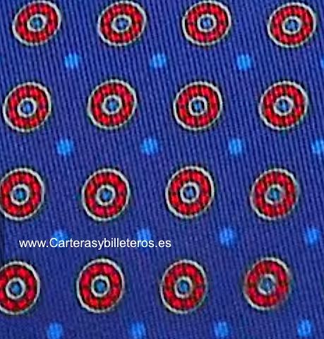 CORBATA AZUL MEDIO CON CIRCULOS ROJOS Y LUNARES AZULES 