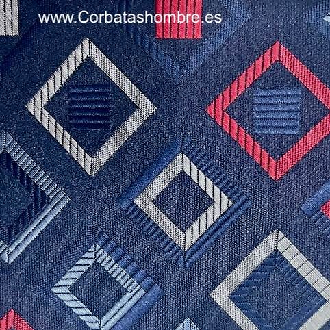 CORBATA AZUL OSCURA CON CUADRADOS DE DISTINTOS TAMAÑOS Y COLORES 