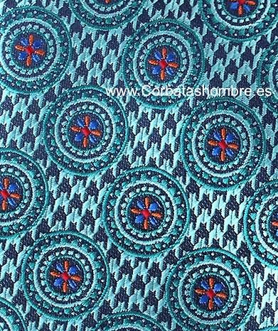 CORBATA AZUL TURQUESA O VERDE MAR CON ROSETONES CIRCULARES AZULES CON ROJO 