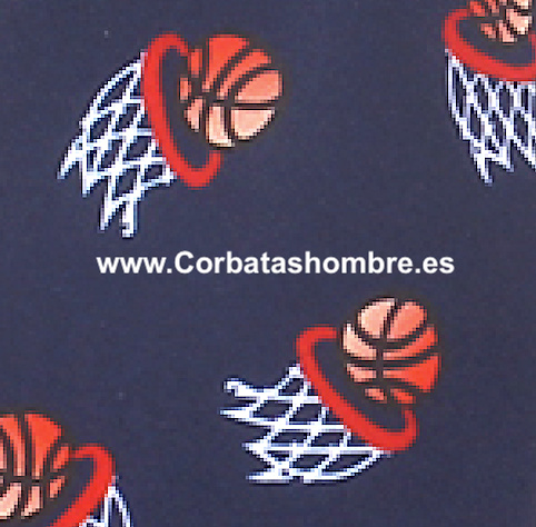 CORBATA BALONCESTO CON CANASTAS Y BALONES DE BASKET SOBRE AZUL MARINO 