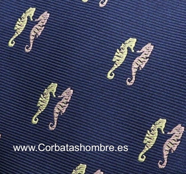 CORBATA CABALLITOS DE MAR SOBRE FONDO AZUL MARINO 