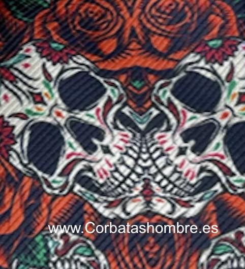 CORBATA CALAVERAS CON ROSAS ROJAS MEXICANA 