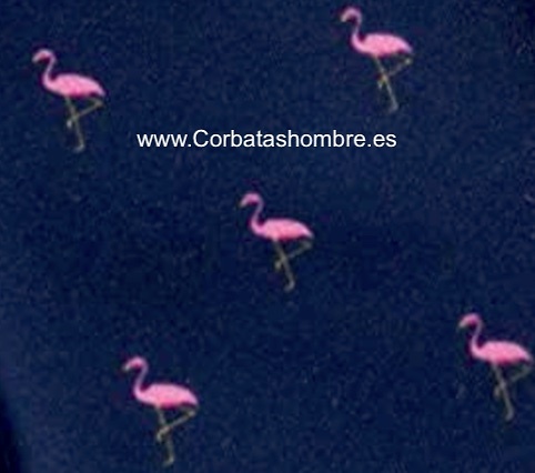 CORBATA DE FLAMENCOS ROSAS SOBRE FONDO AZUL MARINO 