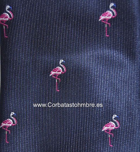 CORBATA DE FLAMENCOS SOBRE FONDO AZUL MARINO 