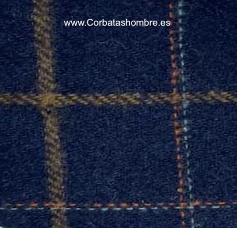 CORBATA DE LANA ESTRECHA AZUL MARINO DE CUADROS GRANDES EN OCRE NARANJA TURQUESA 