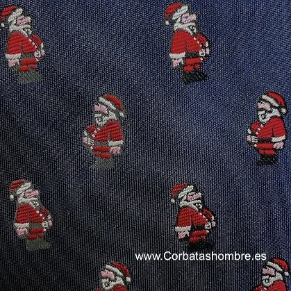 CORBATA DE NAVIDAD CON PAPAS NOELES O SANTA CLAUS SOBRE AZUL MARINO 