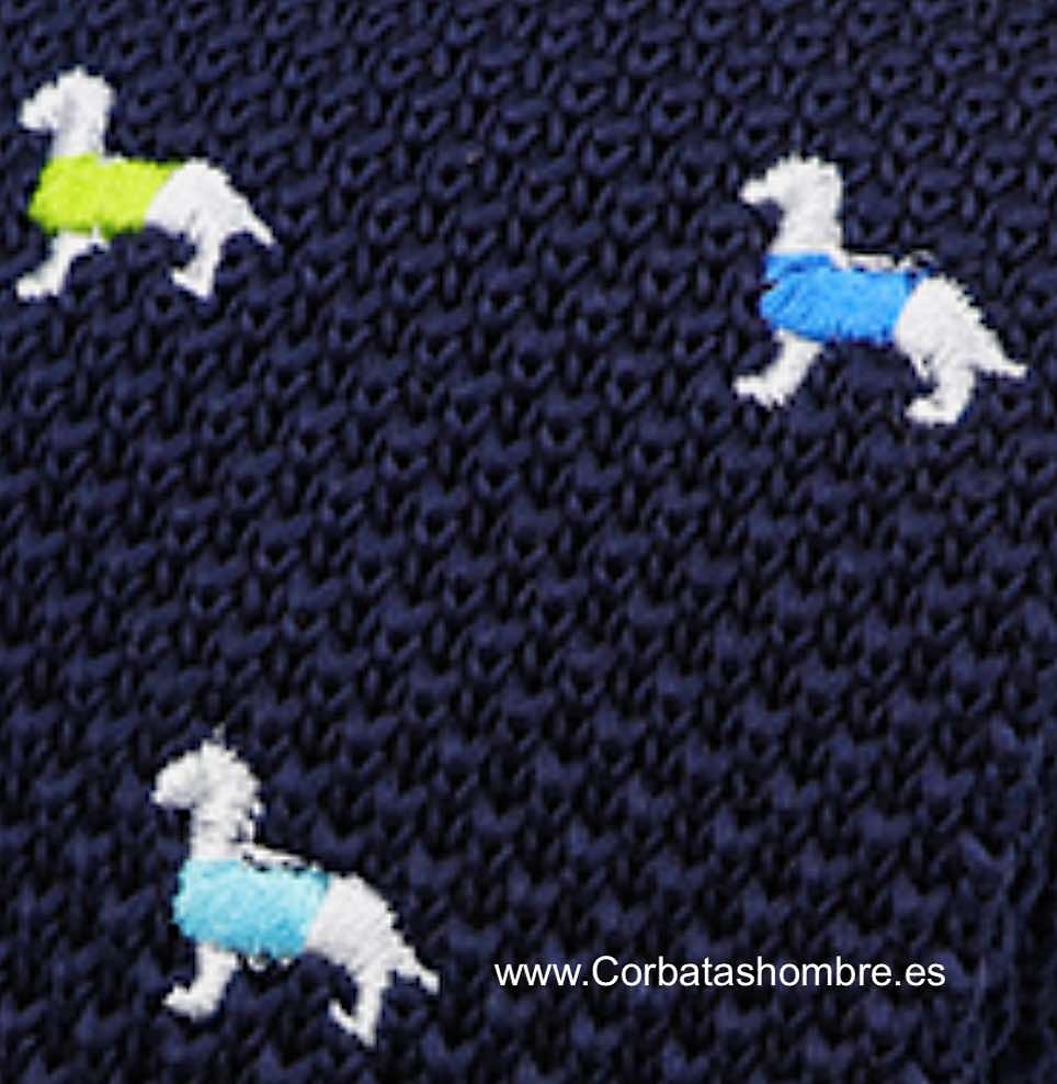 CORBATA DE PUNTO AZUL MARINO CON PERROS TECKEL DE COLORES 