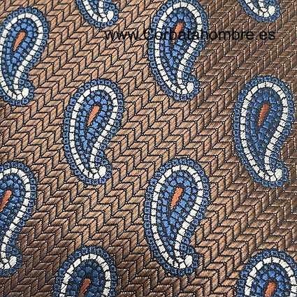CORBATA ESPIGADA COBRE CON CACHEMIRES AZULES CON BLANCO 