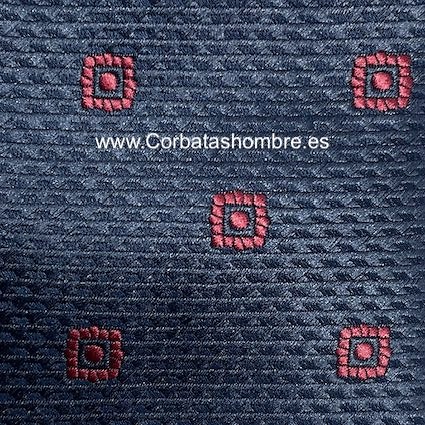 CORBATA ESTRECCHA AZUL MARINO TELA JACQUARD CON CUADRADOS BURDEOS CON PUNTO INTERIOR 