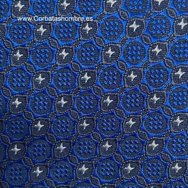 CORBATA ESTRECHA AZUL CON FONDO GRIS Y ESTRELLAS PEQUEÑAS BLANCAS EN TELA JACQUARD 