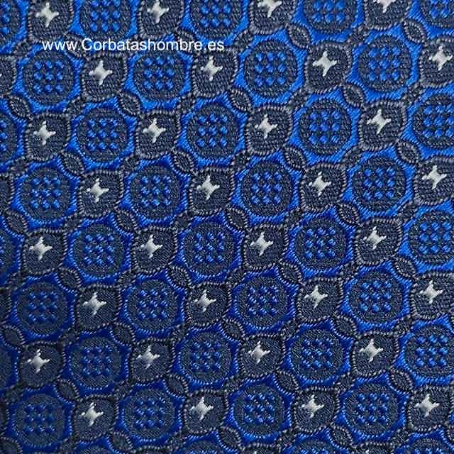 CORBATA ESTRECHA AZUL CON FONDO GRIS Y ESTRELLAS PEQUEÑAS BLANCAS EN TELA JACQUARD 