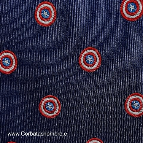 CORBATA ESTRECHA AZUL MARINO CON ESCUDOS REDONDOS CON ESTRELLA CENTRAL 