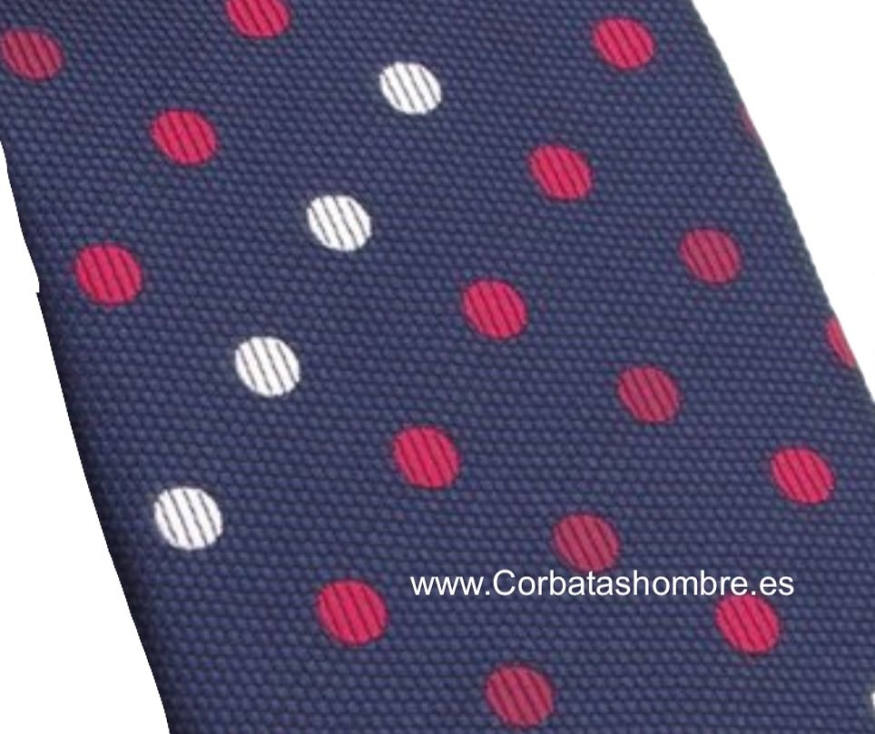 CORBATA ESTRECHA AZUL MARINO CON LUNARES BLANCOS Y ROJOS 