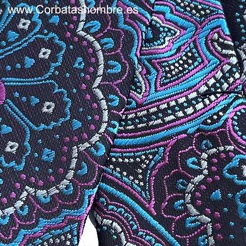 CORBATA ESTRECHA DE CACHEMIR DE AZUL TURQUESA CON FUCSIA 