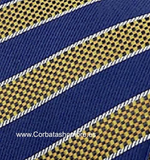 CORBATA ESTRECHA DE RAYAS DORADAS Y AZULES 