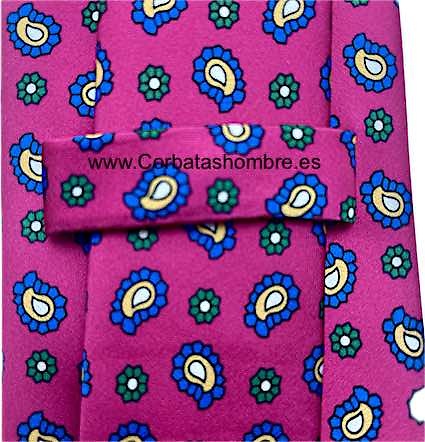 CORBATA FUCSIA DE MINI CACHEMIRES AZULES Y FLORES VERDES 