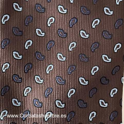 CORBATA MARRÓN CHOCOLATE DE MINI CACHEMIRES. AZUL CELESTE Y AZUL MARINO 