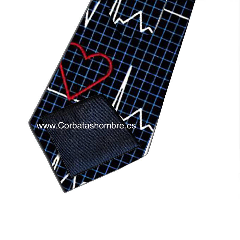 CORBATA NEGRA CON ORIGINAL DIBUJO DE CORAZÓN Y ELECTROCARDIOGRAMA 