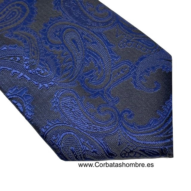 CORBATA NEGRA MUY ELEGANTE CON TELA DE CACHEMIRES GRANDES EN AZUL 