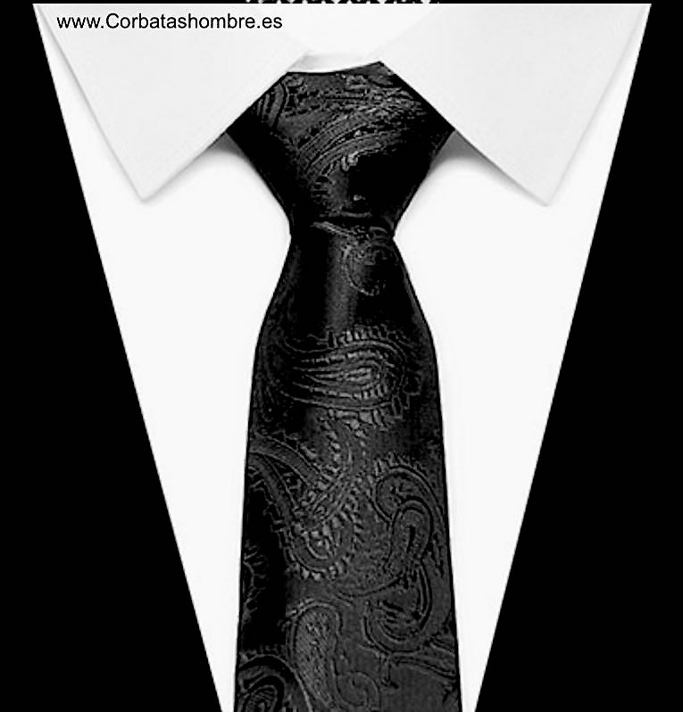 CORBATA NEGRA MUY ELEGANTE CON TELA DE CACHEMIRES GRANDES EN NEGRO 