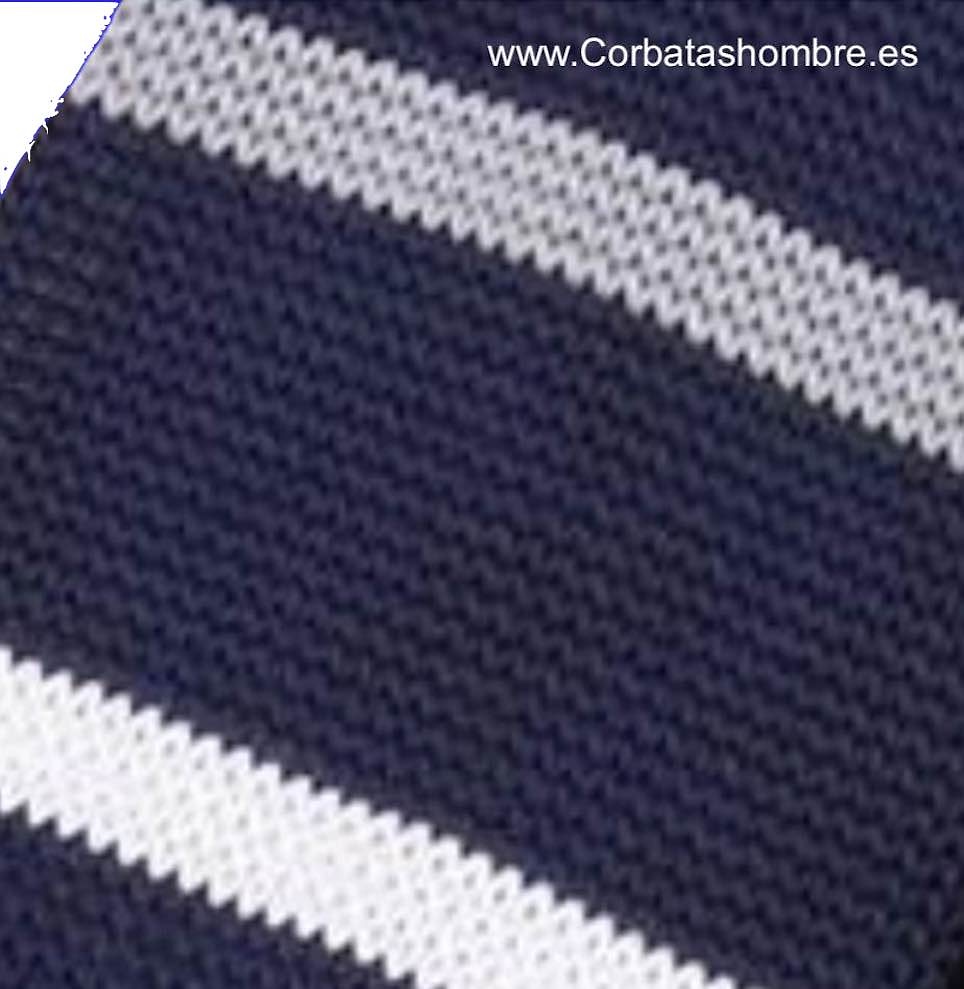 CORBATA PUNTO AZUL MARINO A RAYAS BLANCAS Y GRISES 