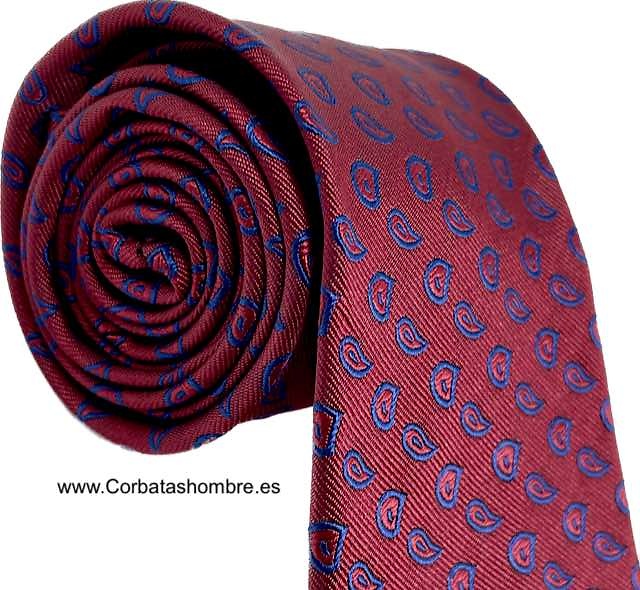 CORBATA ROJO AGRANATADO DE CACHEMIRES PEQUEÑOS AZULES 