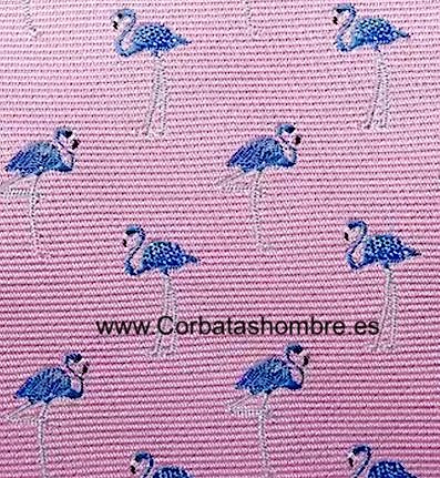 CORBATA ROSA CLARO DE FLAMENCOS AZULES 