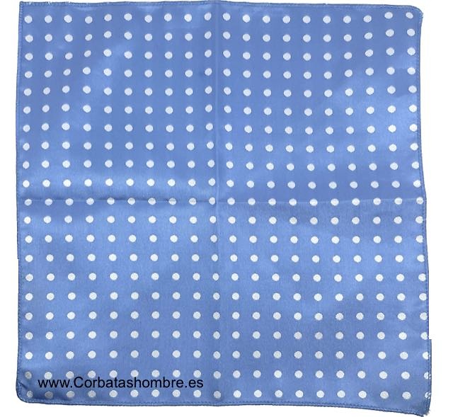 CORBATA Y PAÑUELO AZUL CLARO A JUEGO CON LUNARES BLANCOS 