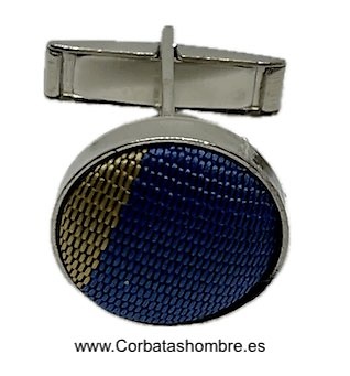 GEMELOS DE CAMISA DE TELA CAMEL Y AZUL SOBRE BASE DE METAL PLATEADO 