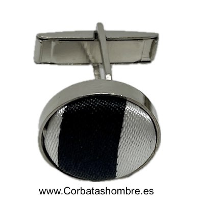 GEMELOS DE CAMISA DE TELA RAYAS BLANCA Y NEGRA SOBRE BASE DE METAL PLATEADO 