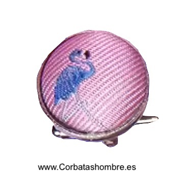 GEMELOS ROSA CON FLAMENCOS AZULES SOBRE METAL PLATEADO 