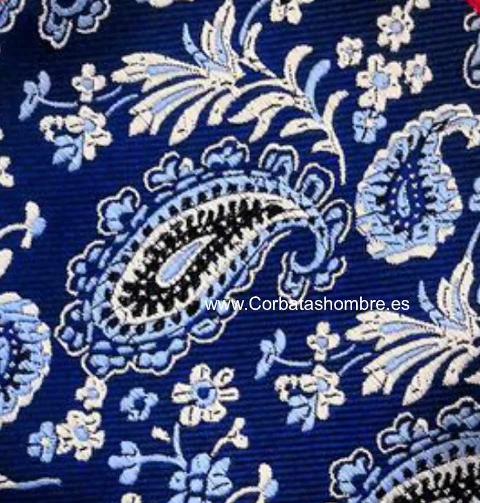 PAÑUELO AZUL DE TELA JACQUARD CON DIBUJOS FLORAL Y CACHEMIR EN TONOS AZULES Y BLANCOS 