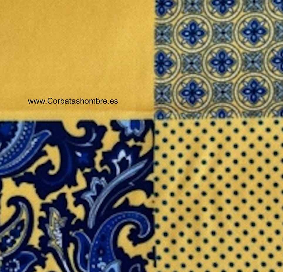 PAÑUELO DE CUATRO USOS DE CACHEMIR, TOPOS, LISO Y FLORES EN AZUL SOBRE FONDO AMARILLO. 