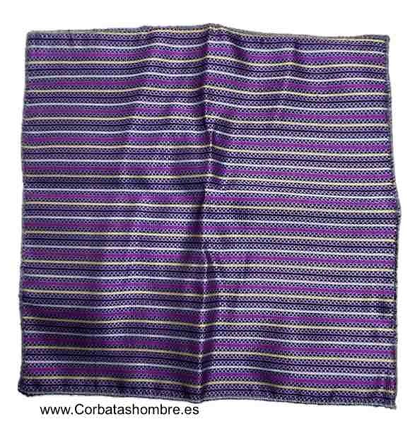 PAÑUELO LILA CON LINEAS DORADAS FUCSIAS GRISES Y MORADAS PARA EL BOLSILLO DE LA CHAQUETA DEL TRAJE 