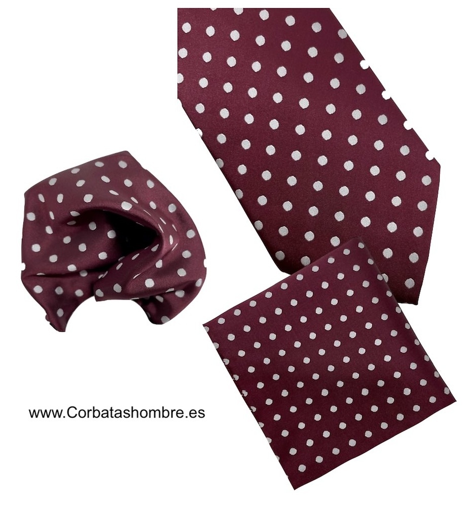 CONJUNTO DE CORBATA Y PAÑUELO GRANATE CON LUNARES BLANCOS A JUEGO 