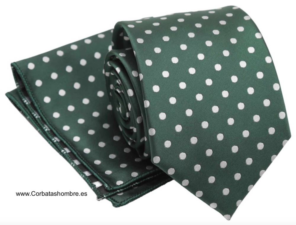 CONJUNTO DE CORBATA Y PAÑUELO VERDE CON LUNARES BLANCOS A JUEGO 