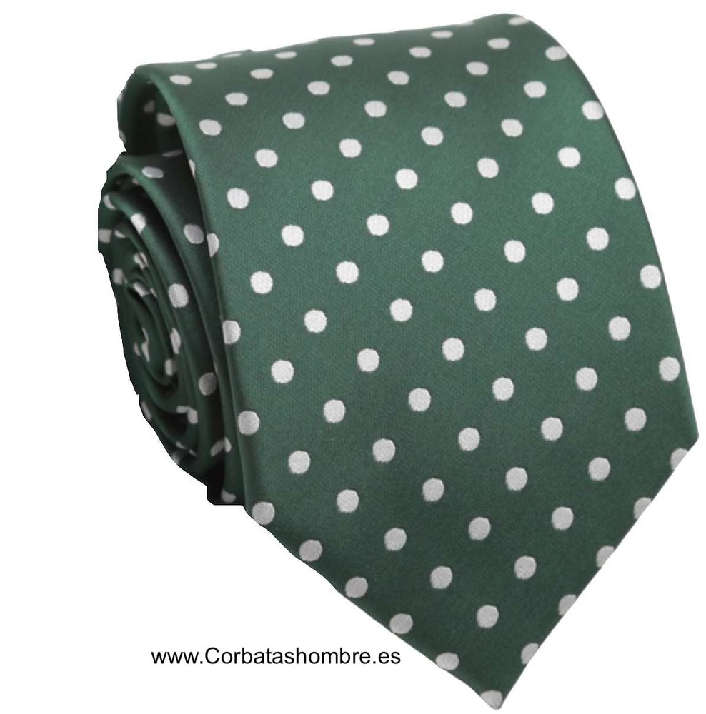 CONJUNTO DE CORBATA Y PAÑUELO VERDE CON LUNARES BLANCOS A JUEGO 