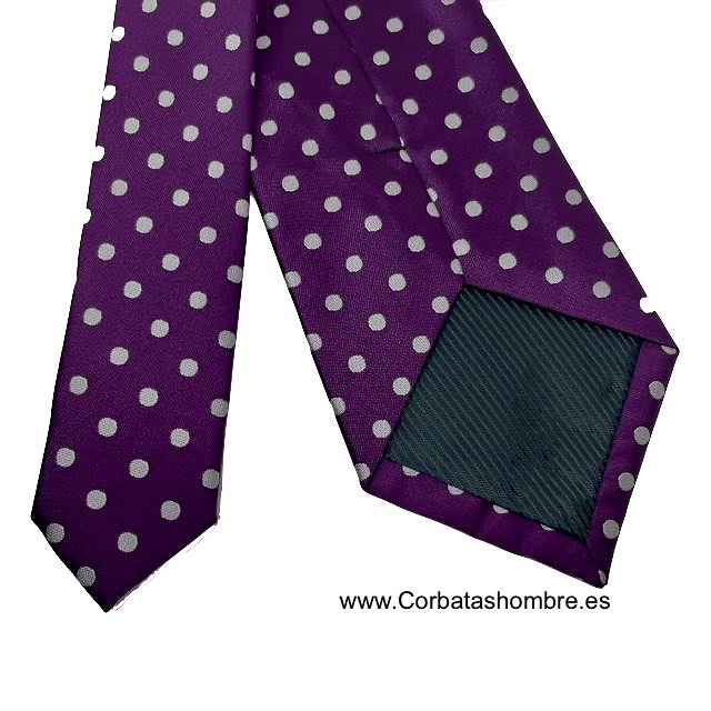 CONJUNTO ELEGANTE DE CORBATA Y PAÑUELO MORADO CON LUNARES BLANCOS A JUEGO 