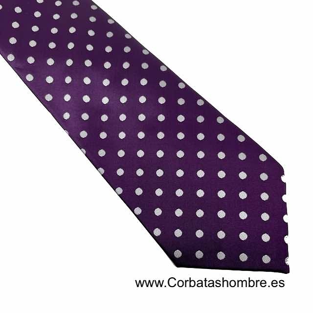 CONJUNTO ELEGANTE DE CORBATA Y PAÑUELO MORADO CON LUNARES BLANCOS A JUEGO 