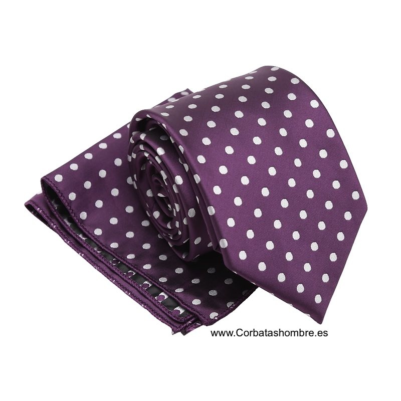 CONJUNTO ELEGANTE DE CORBATA Y PAÑUELO MORADO CON LUNARES BLANCOS A JUEGO 