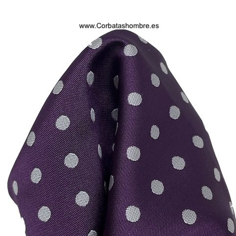 CONJUNTO ELEGANTE DE CORBATA Y PAÑUELO MORADO CON LUNARES BLANCOS A JUEGO 