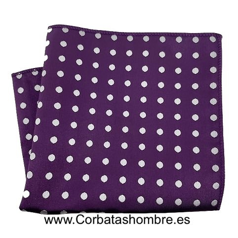 CONJUNTO ELEGANTE DE CORBATA Y PAÑUELO MORADO CON LUNARES BLANCOS A JUEGO 